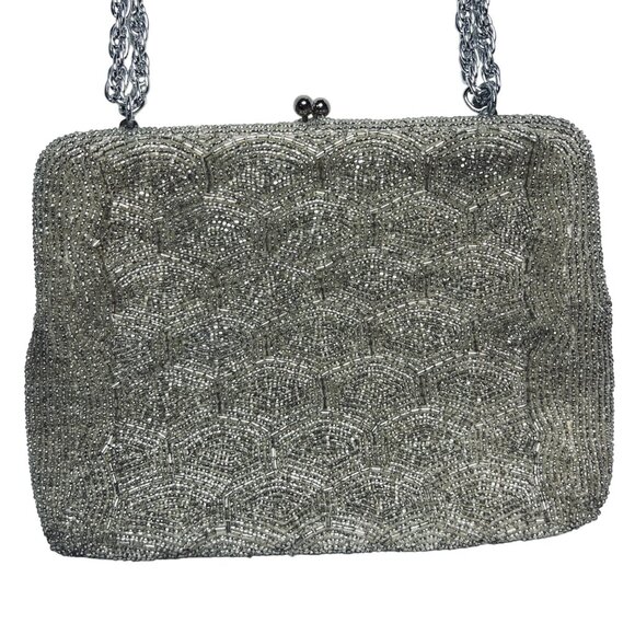 Walborg Silver Beaded Evening Bag With Chain Handle & Kiss Lock Closure (5909) - Picture 6 of 8
